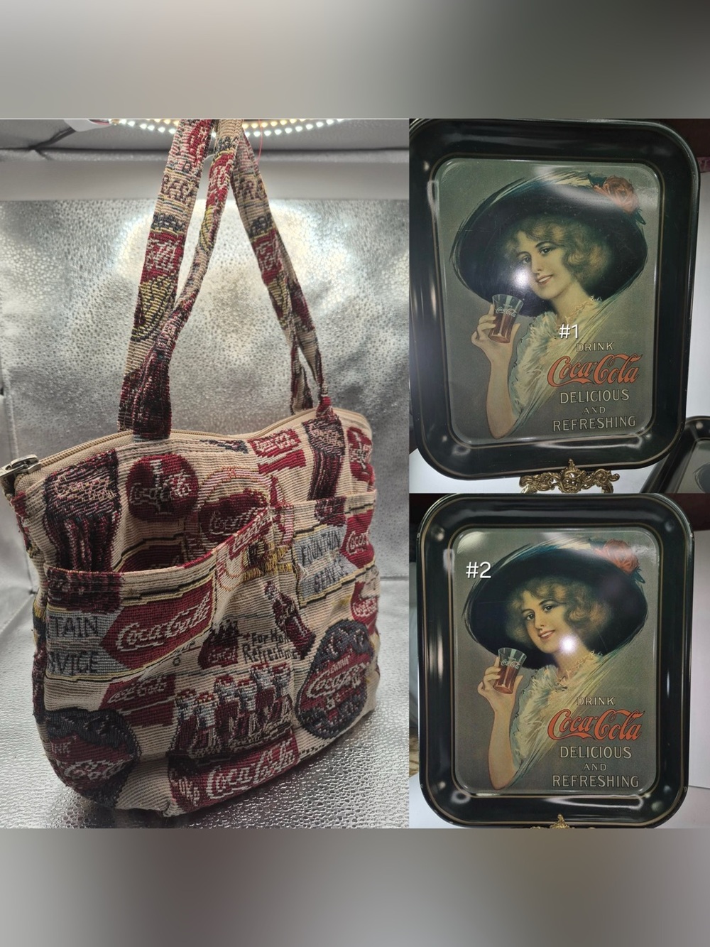 Vintage Coke Advertisement Lot - Coca Cola Tote Bag Purse & Set 1970s Tin Trays